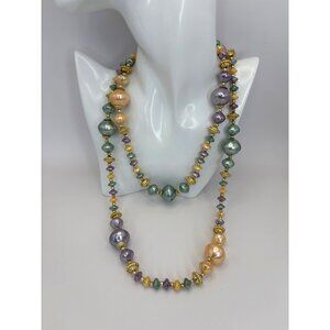 Vintage Beaded Pastel Gold Foil Acrylic Necklace 42”